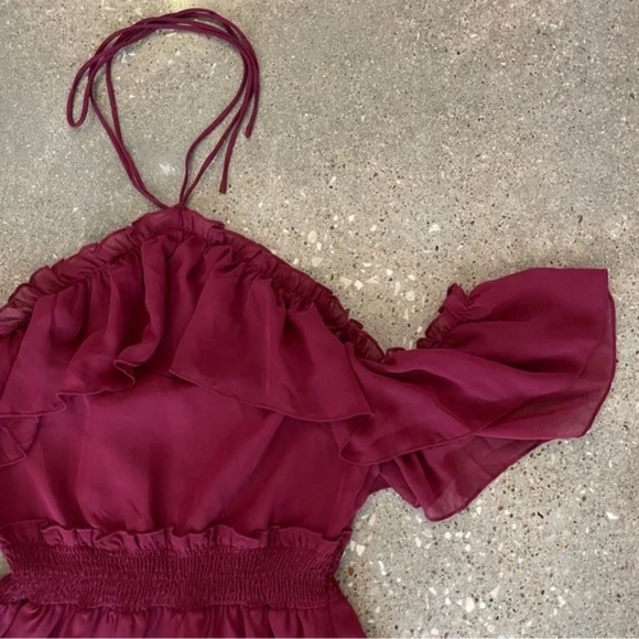 Two Sisters The Label Halter Burgundy Chiffon Off the Shoulder Dress - Size 6 - Picture 6 of 10